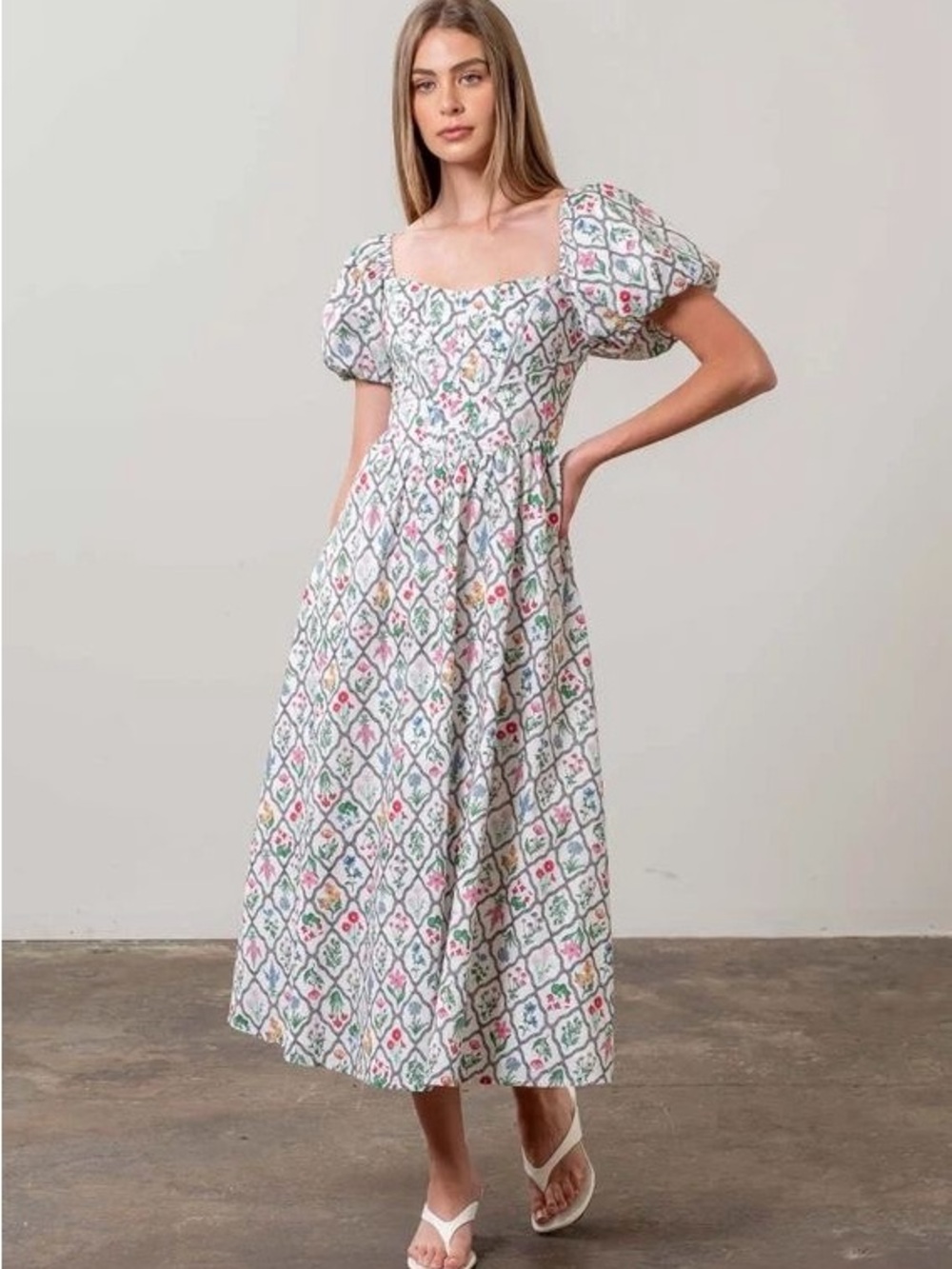 Moon River Puff-Sleeve Floral Corset Ivory Multi Midi Dress - White/Multi